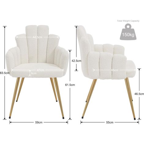 Wahson Lot de 2 chaises de salle à manger en fausse fourrure – Dossier ergonomique – Pieds en métal doré – Confort optimal – Blanc — photo 2