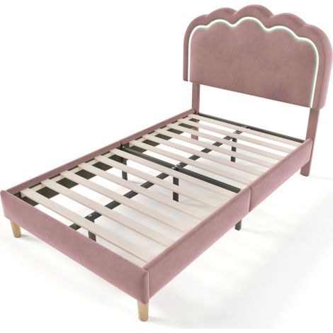 Wishdor – Lit enfant 90x200 cm – Lit simple capitonné avec tête de lit LED réglable – Velours rose – Sommier à lattes inclus – Assemblage facile — photo 5
