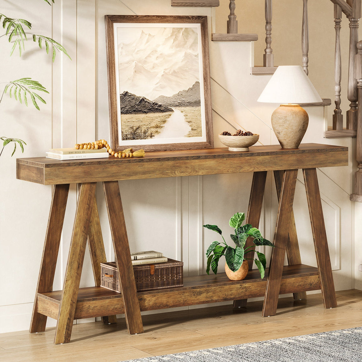 Tribesigns Console de 180 cm de long de style campagnard, Table d'entrée étroite à 2 niveaux