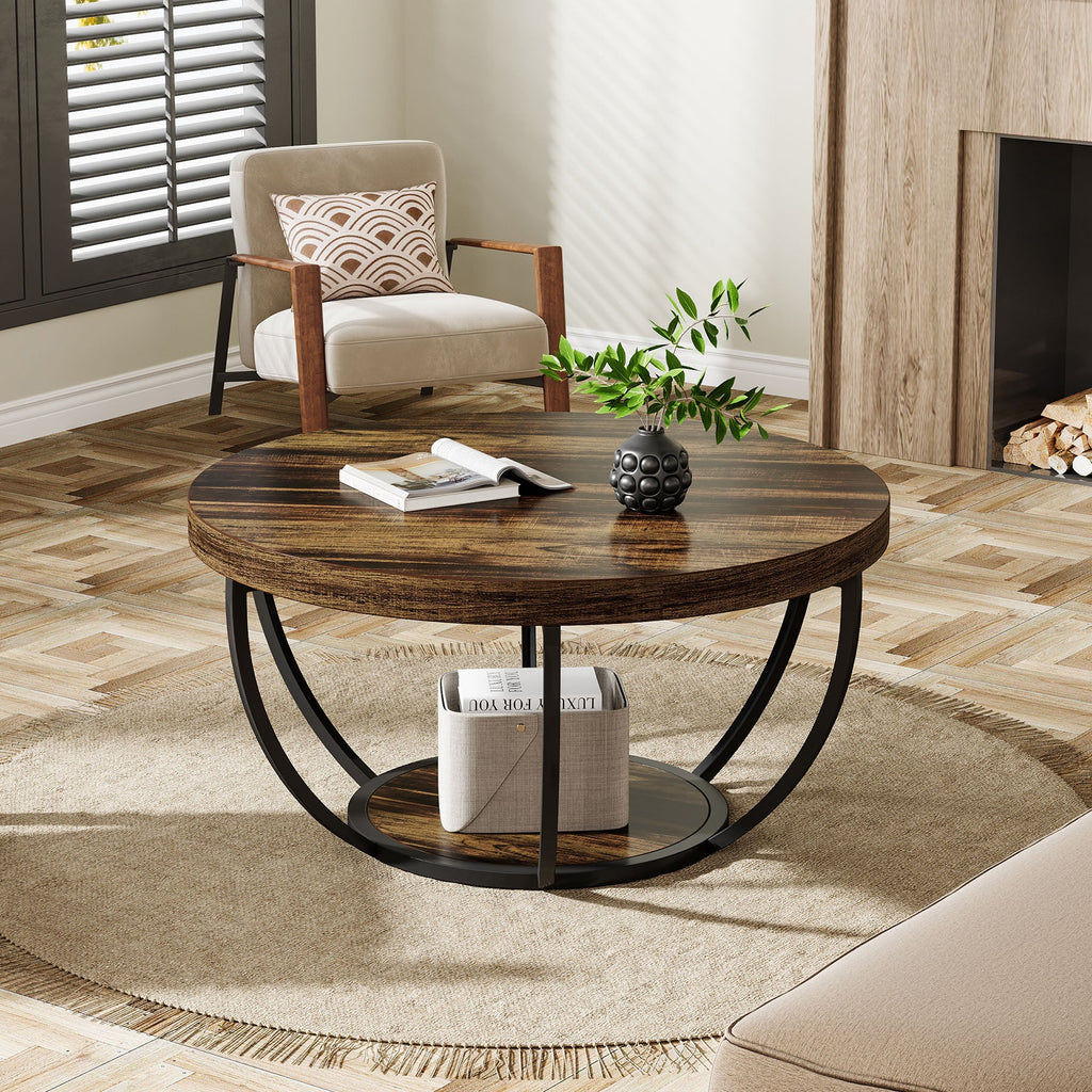 Tribesigns Table basse ronde, Table basse ovale en bois et metal noir