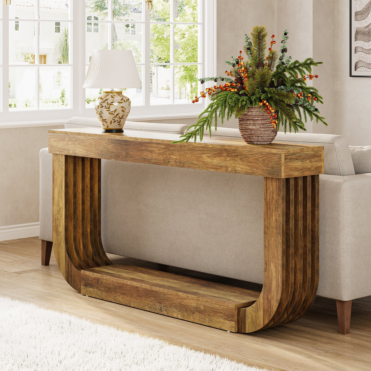 Tribesigns Table console 180 cm, Table d'appoint à 2 niveaux avec pied en forme de U