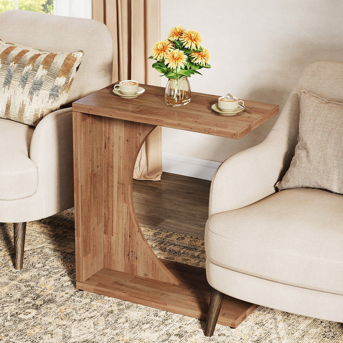 Tribesigns Table d'appoint en forme de C 60×30×65 cm, Style rustique pour canapé
