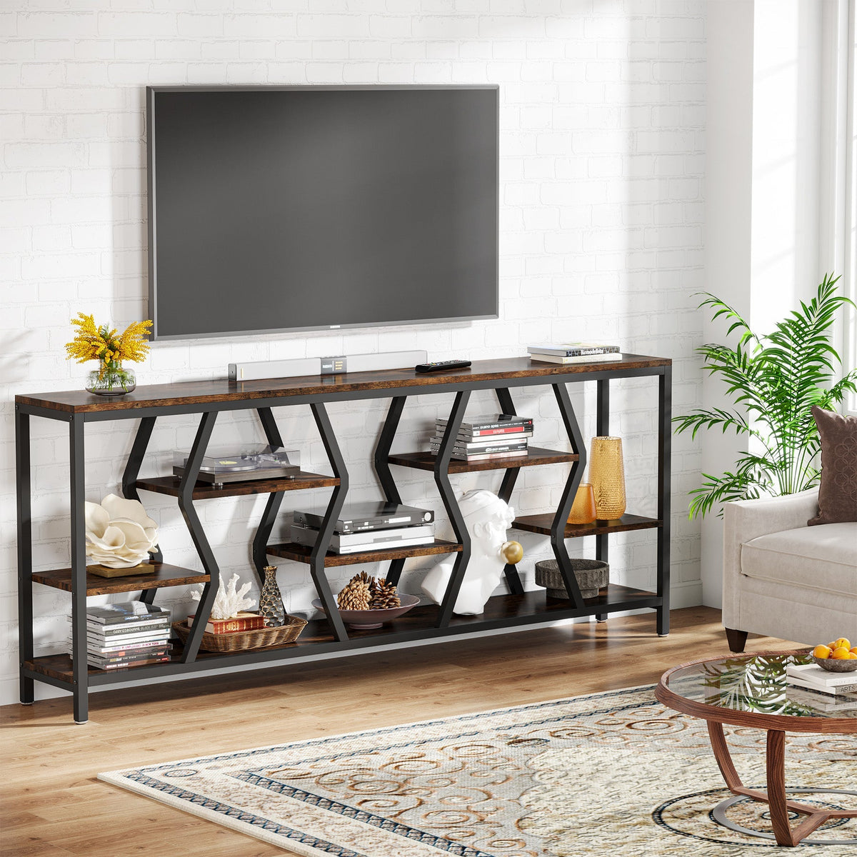 Tribesigns Console de 180 cm avec 4 étagères, Table basse étroite de style industriel champêtre