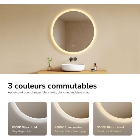 EMKE Miroir salle de bain rond avec éclairage avec Interrupteur tactile, Anti-buée, 3 Couleurs de lumière, Dimmable, Fonction mémoire, 80cm diamètre — photo 2