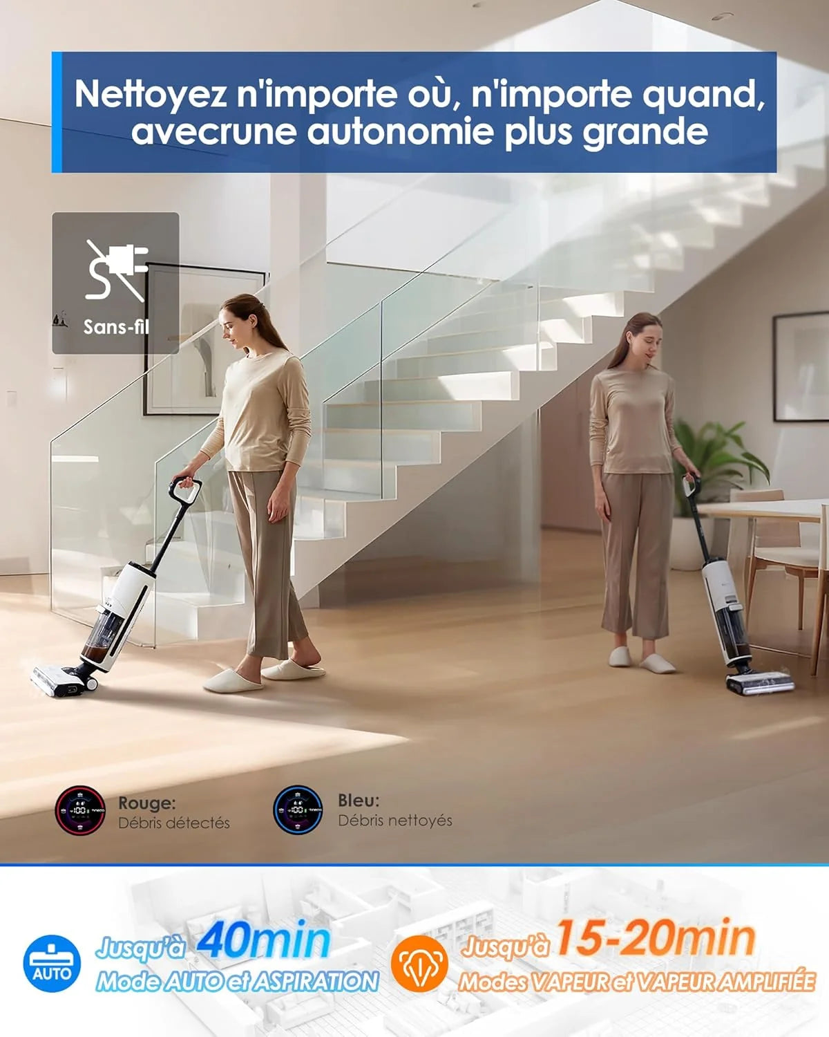 2026 Tineco Floor One S7 Steam Nettoyeur de Sols sans-Fil Balai Vapeur pour Saletés Collantes sur Sols Durs avec Écran Auto-N