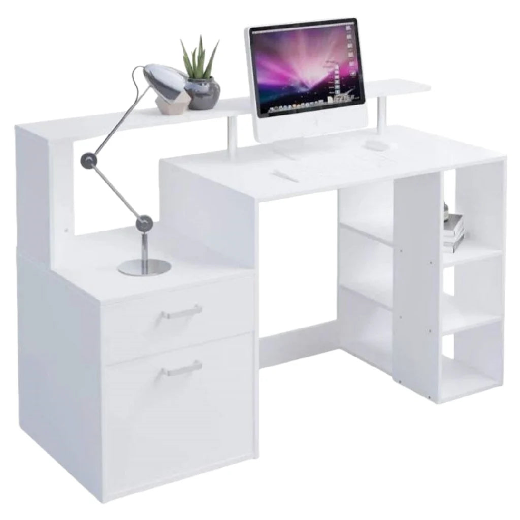 2026 Bureau moderne blanc – design fonctionnel avec tiroirs et étagères – poste de travail ergonomique