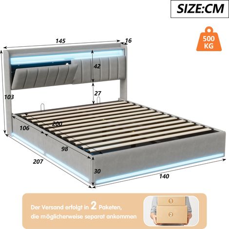 Sunfecili – Lit coffre 140x200 cm en velours gris – Tête de lit avec rangement – Bandes lumineuses LED – Capacité 300 kg – Montage en 45 min — photo 3