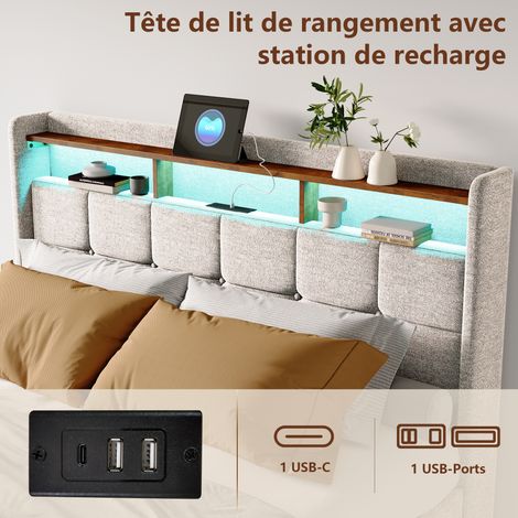 Lit 180x200 avec rangement - SUNFECILI - Capitonné - LED réglable - Tiroirs de rangement - Dossier souple,4 tiroirs de rangement,lin,Beige — photo 5