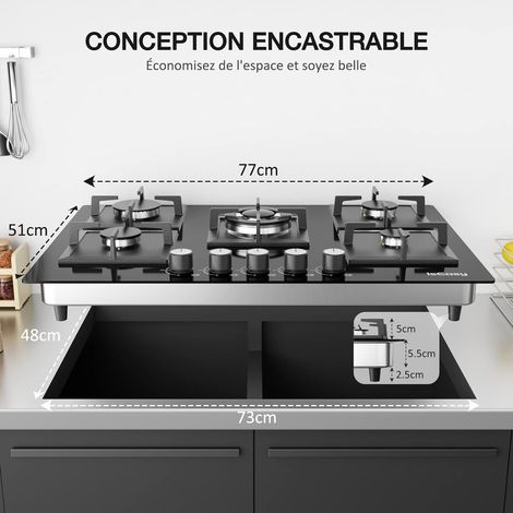 Iseasy – Plaque de cuisson gaz 5 foyers encastrable – Allumage par impulsion – Verre trempé et fonte – Compatible gaz naturel et propane — photo 2