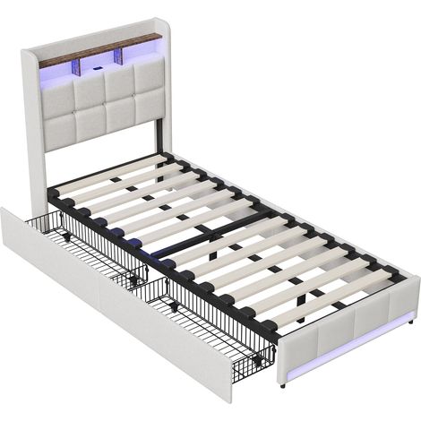 Lit 90x200 cm, avec quatre tiroirs, éclairage LED réglable, 2 USB et 1 fonction de charge tpcy-c, lin, convient aux adultes et aux adolescents, Beige — photo 5