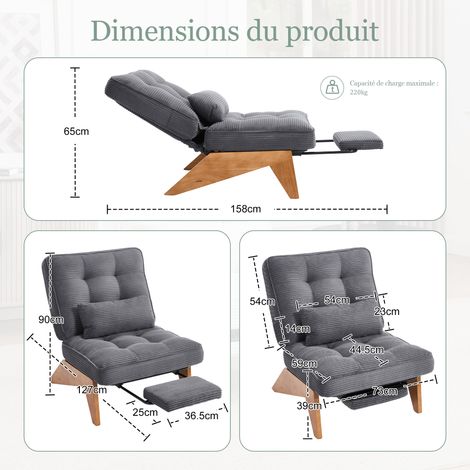 Fauteuil Relax Réglable avec Repose-Pieds et Coussin Lombaire Confort Stable Rétro en Velours Côtelé Gris Foncé — photo 5