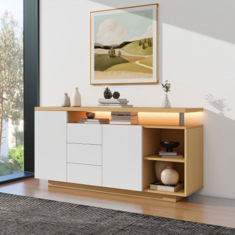 Aparador de 140 cm con iluminación LED, 2 puertas, 3 cajones y 2 compartimentos abiertos para salón y comedor, blanco y color madera — photo 2