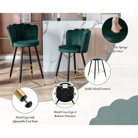 Wahson Lot de 2 tabourets de bar en velours vert – Hauteur d'assise 66 cm – Pieds en métal noir – Design moderne pour cuisine et bar — photo 5
