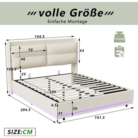 Pergar – Lit coffre 140x200 avec sommier – Tissu velours beige – Dossier moelleux – Recharge sans fil avec ports USB et Type-C – LED réglable — photo 3