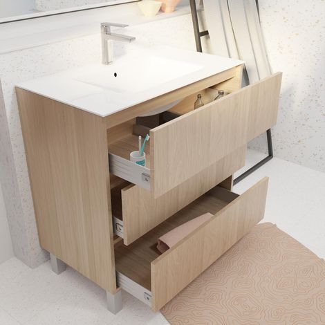 pack meuble salle de bains 80 cm chêne clair, 3 tiroirs avec vasque céramique - xenos — photo 2