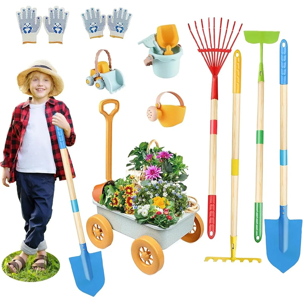 2026 Mostop Kit d'outils de jardinage pour enfants - Jouet avec brouette, pelle en métal, râteau, râteau, chariot de jardin e