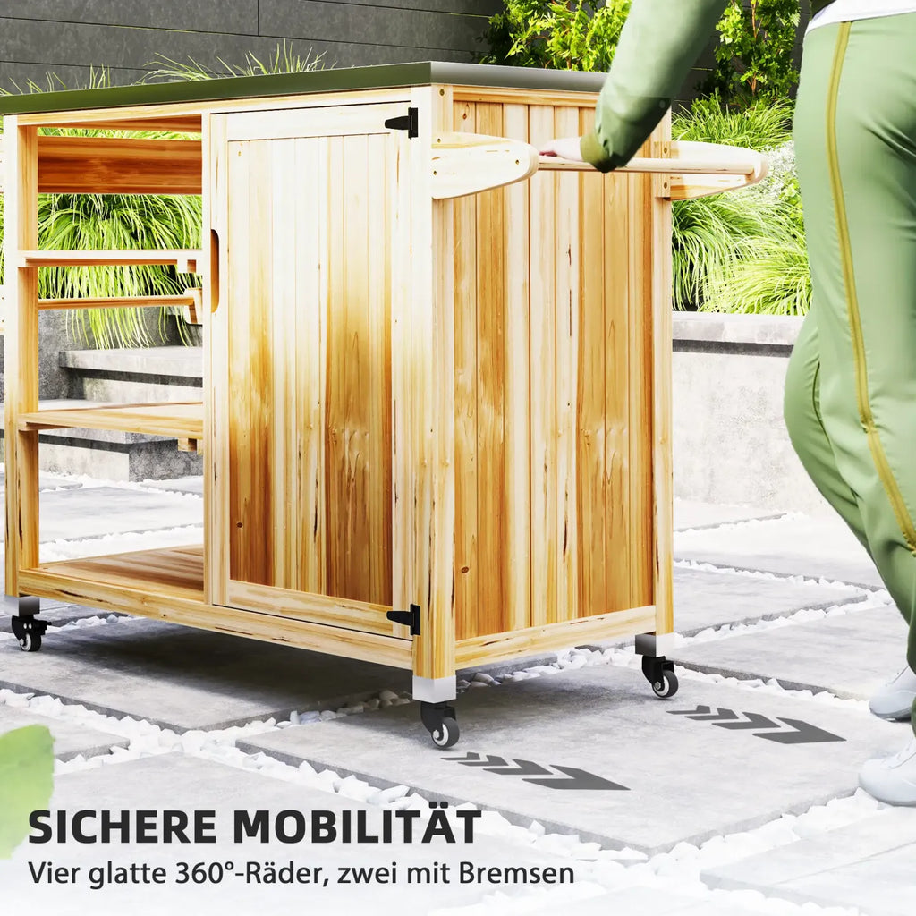 2026 Outsunny Grillwagen Outdoor Kücheninsel mit Rollen Massivholz