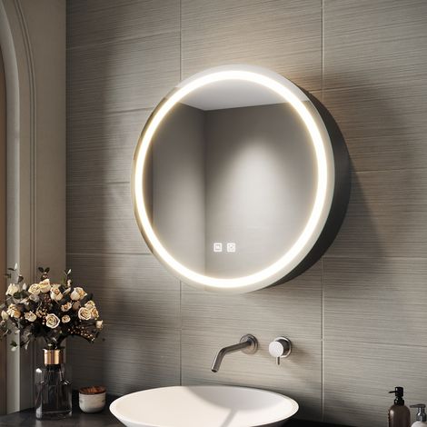 SIRHONA Armoire de toilette ronde à LED avec prise rasoir désembuage 3 modes d'éclairage 600x600mm Miroir lumineux de salle de bain — photo 1