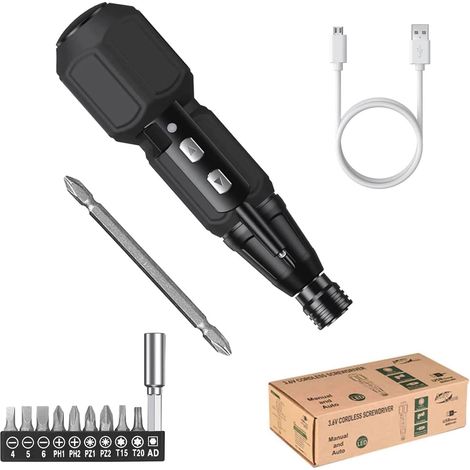 Tournevis électrique sans fil 3,6 V, rechargeable, portable, outil de réparation automobile rotatif avec lumière LED, double tête de 6,35 mm, câble de chargement USB