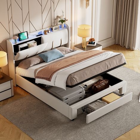 Tanant – Lit coffre 140x190 cm en tissu velours beige – Avec ports USB et Type-C – Tiroir de rangement – Tête de lit éclairée LED – Sommier à lattes — photo 1
