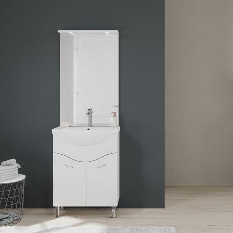 Kiamami Valentina – Meuble de salle de bain sur pieds 65 cm – 2 portes – Lavabo en céramique – Miroir avec spots LED – Finition blanc brillant — photo 2
