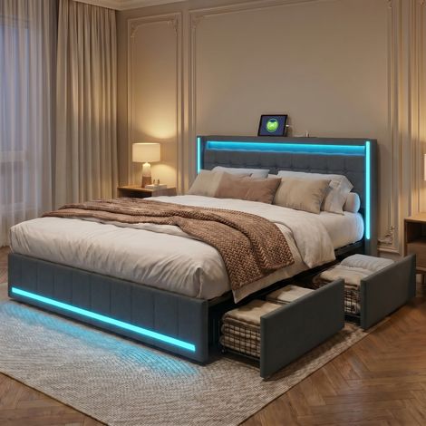 Lit 140x190 cm avec sommier, lit double capitonné, 4 tiroirs,  éclairage LED réglable, deux ports USB/C, style scandinave, Lin - Gris Foncé — photo 1