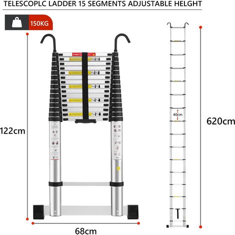 Stanew – Échelle télescopique pliante 6.2M en aluminium – Stabilisateur et crochets amovibles – Marches antidérapantes de 40cm – Charge maximale élevée — photo 2