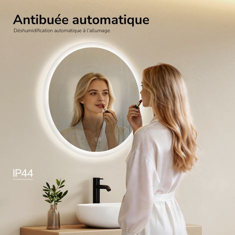 EMKE Miroir salle de bain rond avec éclairage avec Interrupteur tactile, Anti-buée, 3 Couleurs de lumière, Dimmable, Fonction mémoire, 80cm diamètre — photo 4