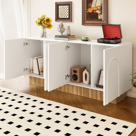 Buffet enfilade 160 cm blanc et bois - bahut de salon moderne avec 4 portes,relief et étagères ajustables -mdf- meuble de rangement salle à manger — photo 2