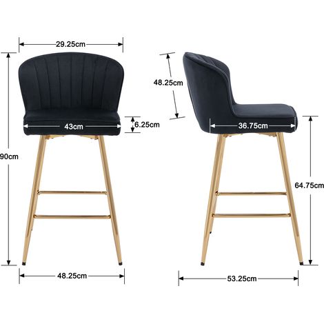 Wahson Lot de 2 tabourets de bar modernes avec dossier – Velours noir – Hauteur d'assise 64.75cm – Structure en métal doré, Noir — photo 2