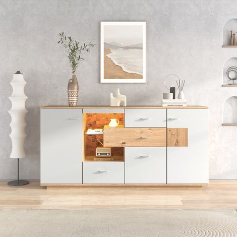 Okwish – Buffet blanc 4 portes 3 tiroirs – Éclairage LED 15 couleurs – Dimensions 160x40x77 cm – Panneaux de particules – Style moderne — photo 3