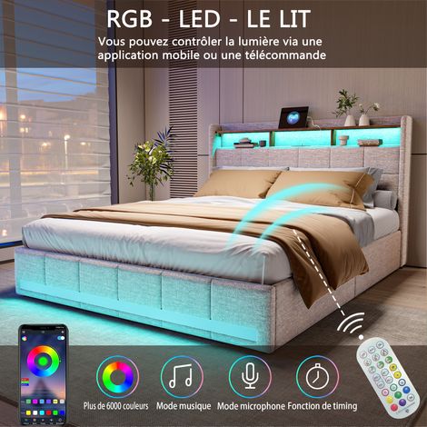 Lit 180x200 avec rangement - SUNFECILI - Capitonné - LED réglable - Tiroirs de rangement - Dossier souple,4 tiroirs de rangement,lin,Beige — photo 4
