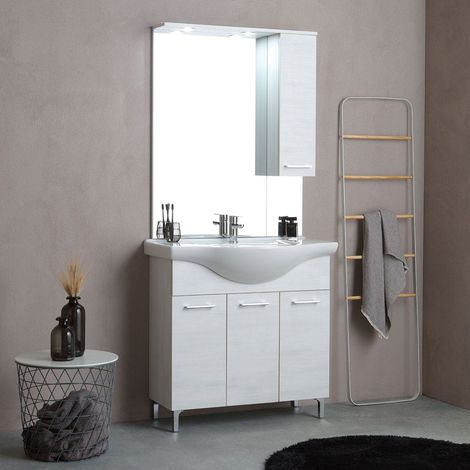 Kiamami Valentina – Meuble de salle de bains au sol 85 cm – Chêne blanc effet bois – 3 portes – Lavabo céramique avec trop-plein – Miroir avec spots LED — photo 1