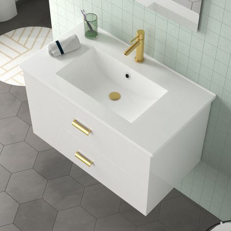 meuble salle de bains 80 cm laqué blanc et or doré à tiroirs avec vasque céramique et miroir — photo 2