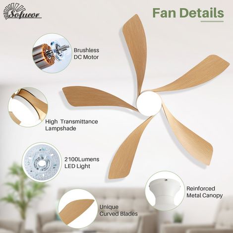 Ventilateur de plafond Sofucor 132 cm avec éclairage et télécommande, 5 pales en ABS, design moderne, discret et silencieux, idéal pour une chambre à coucher - Blanc et jaune — photo 3