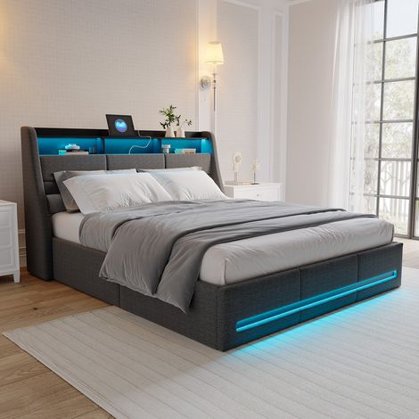 Sureh – Lit coffre 140 x 190 cm – Rangement hydraulique – Tête de lit avec étagères – Ports USB intégrés – Lin gris — photo 1