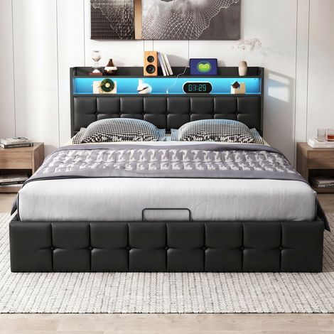 Lit coffre 160x200 cm avec sommier à lattes, lit double capitonné, tête de lit avec rangement, éclairage LED RGB, USB/ C, PU - Noir — photo 2