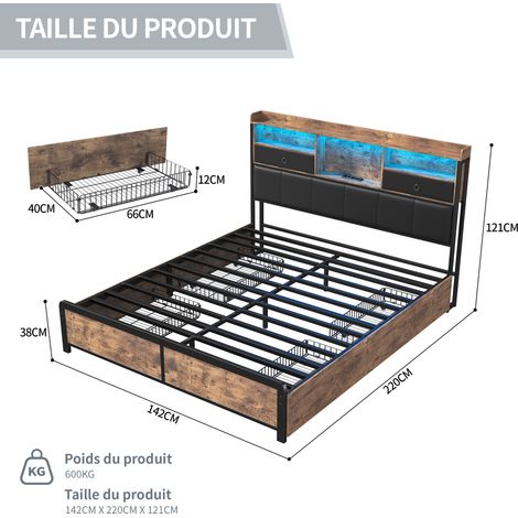 Dans Les Nuages – Lit double 140x200 cm avec 4 tiroirs – Tête de lit LED avec ports USB – Similicuir capitonné – Sommier à lattes en bois – Style industriel vintage — photo 5