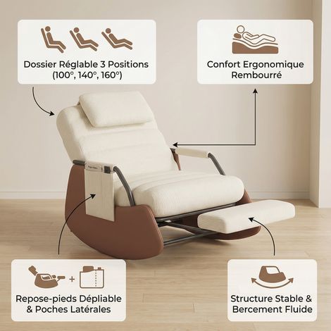 Rocking chair avec repose-pieds pliable, Fauteuil à bascule et chaise de relaxation, dossier réglable à 3 positions, velours côtelé, style moderne, beige — photo 3