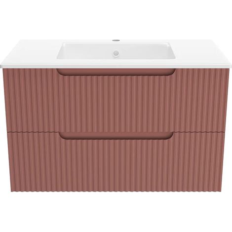 meuble de salle de bains leon 80cm terracotta - 2 tiroirs en mdf ondulés - vasque à encastrer — photo 3