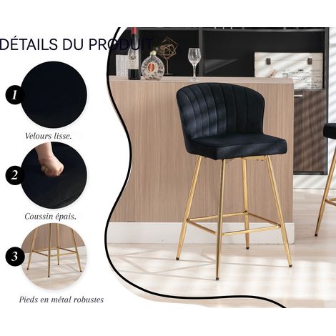 Wahson Lot de 2 tabourets de bar modernes avec dossier – Velours noir – Hauteur d'assise 64.75cm – Structure en métal doré, Noir — photo 4