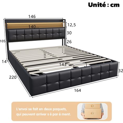 Dans Les Nuages – Lit coffre 160x200 cm avec éclairage LED – Rangement hydraulique – Charge USB-A/C – Sommier à lattes en bois – Similicuir noir — photo 5