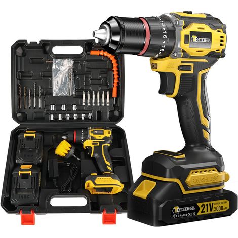 Perceuse-visseuse sans fil 18V avec 2 batteries 2.0Ah – Moteur Brushless – Couple 52Nm – Vitesse 0-1800RPM – 27 accessoires inclus