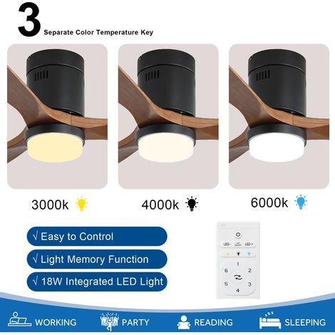 Ventilateur de plafond 132 cm – 3 pales en bois massif – Moteur CC réversible – Télécommande 6 vitesses – Corps noir, lames noyer — photo 2