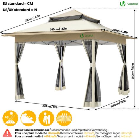 Vounot – Tonnelle de jardin pop up 3,6x3,6m – Structure en métal – Toile en polyester résistante – Moustiquaire intégrée – Hauteur 280 cm — photo 5
