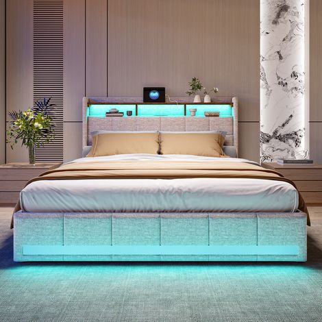 Lit 140 x 200 avec sommier,lit 2 personnes avec tiroirs et étagères de rangement ouvertes,lit double rembourré avec LED et USB,lit 140 x 200 avec sommier à lattes en bois, lin beige — photo 2