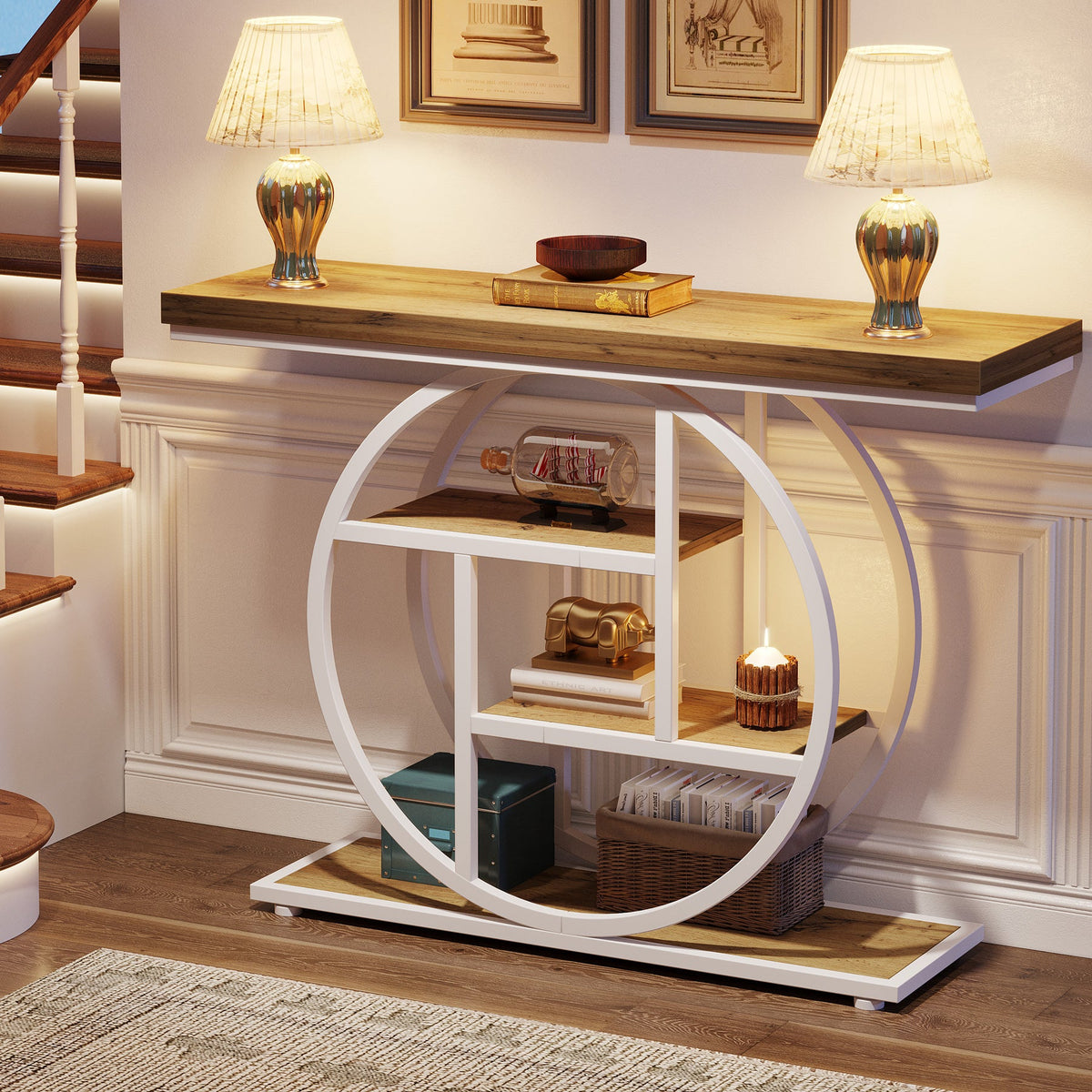 Tribesigns Table console à 4 niveaux avec base circulaire, Tables d'appoint étroites en bois