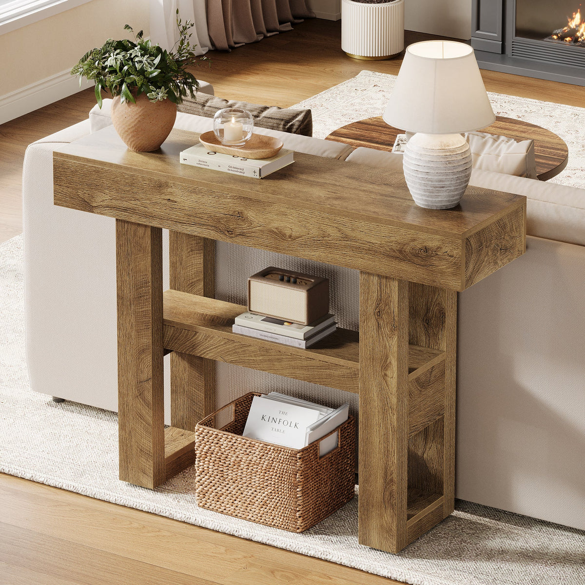 Tribesigns Farmhouse Table console étroite à 2 niveaux, Meuble d'entrée avec compartiments de rangement