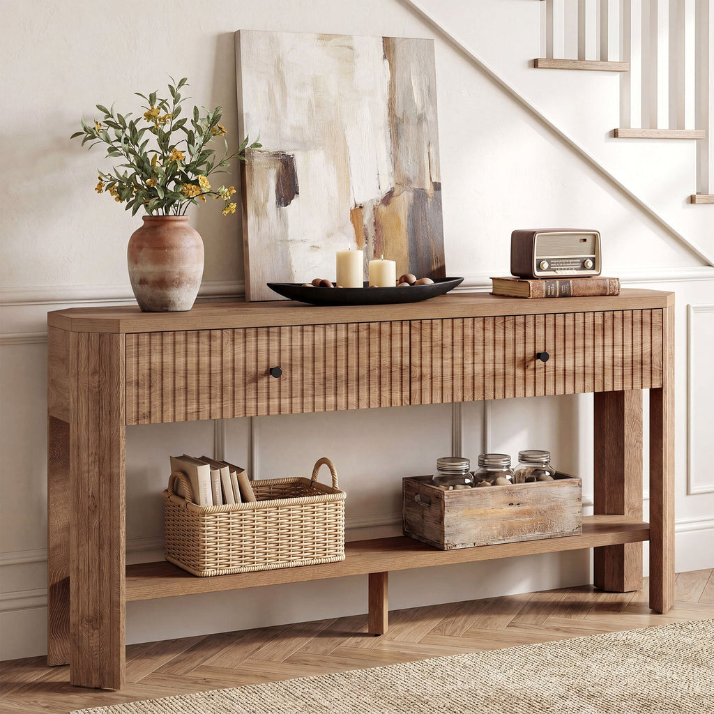 Console de 150 cm avec 2 tiroirs, Table d'entrée étroite et moderne avec étagère et rangement