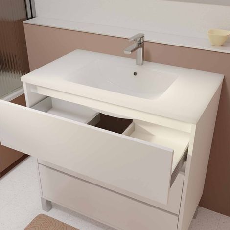 ensemble meuble de salle de bain blanc 80 cm sur pied 3 tiroirs + vasque ceramique blanche + miroir — photo 2